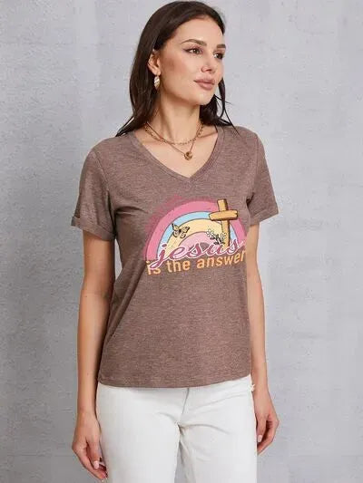 JESUS IS THE ANSWER V-Neck Short Sleeve T-Shirt Mocha Women's T-Shirts - Tophatter Daily Deals
