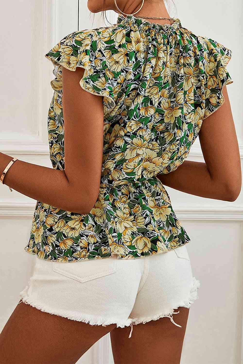 Floral Mock Neck Flutter Sleeve Peplum Top Blouses - Tophatter Daily Deals