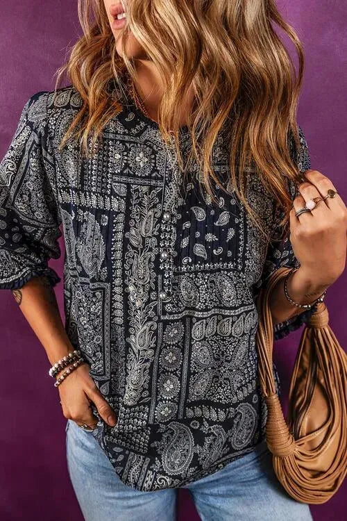 Printed Buttoned Flounce Sleeve Blouse Blouses - Tophatter Daily Deals