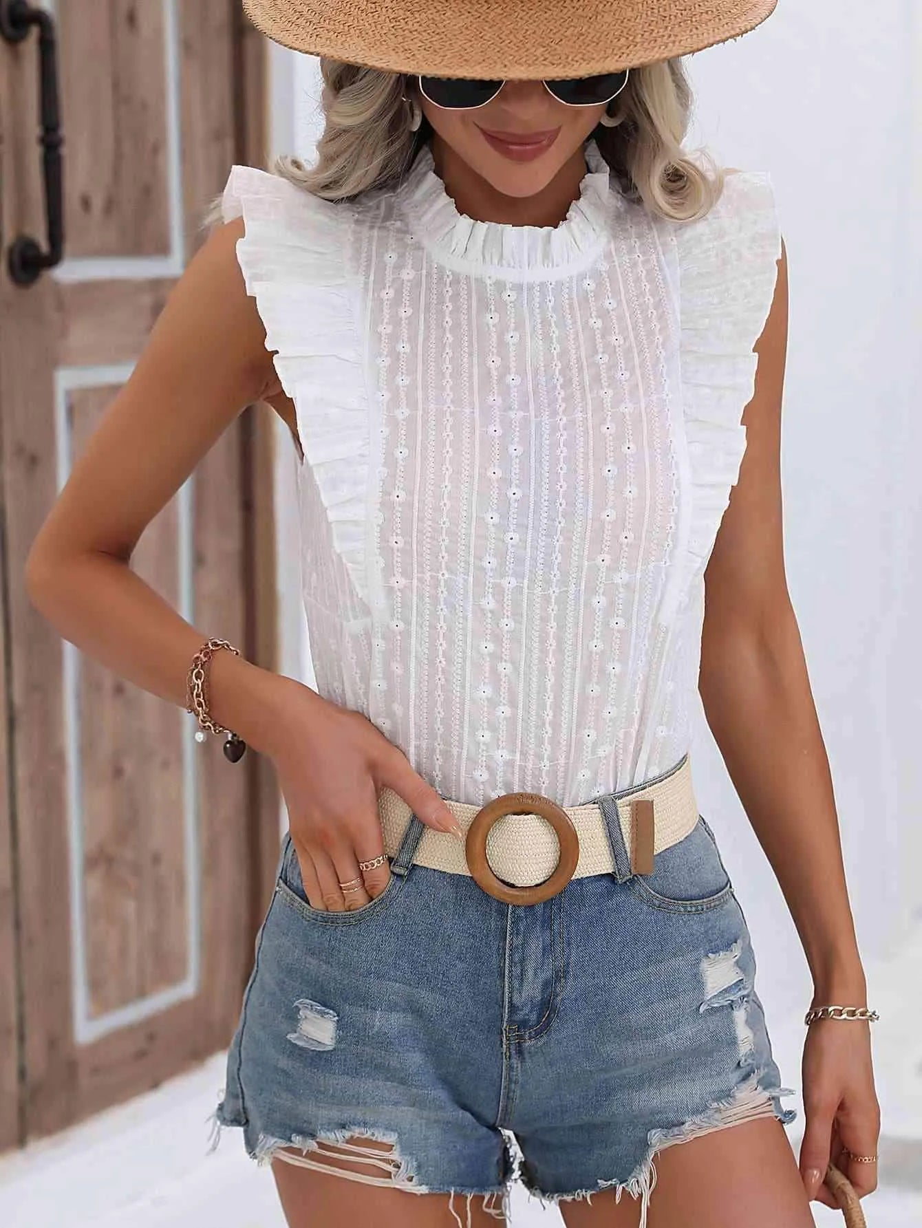 Butterfly Sleeve Frill Neck Blouse Blouses - Tophatter Daily Deals