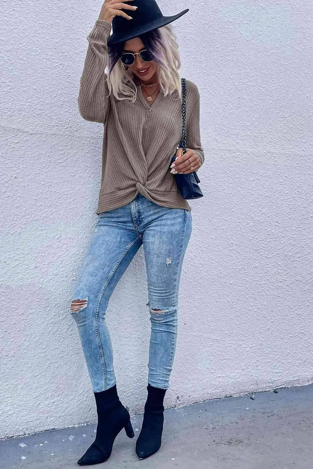 Twist Front Long Sleeve Waffle Knit Top Blouses - Tophatter Daily Deals