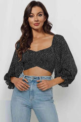 Printed Long Flounce Sleeve Cropped Blouse Black Blouses - Tophatter Daily Deals