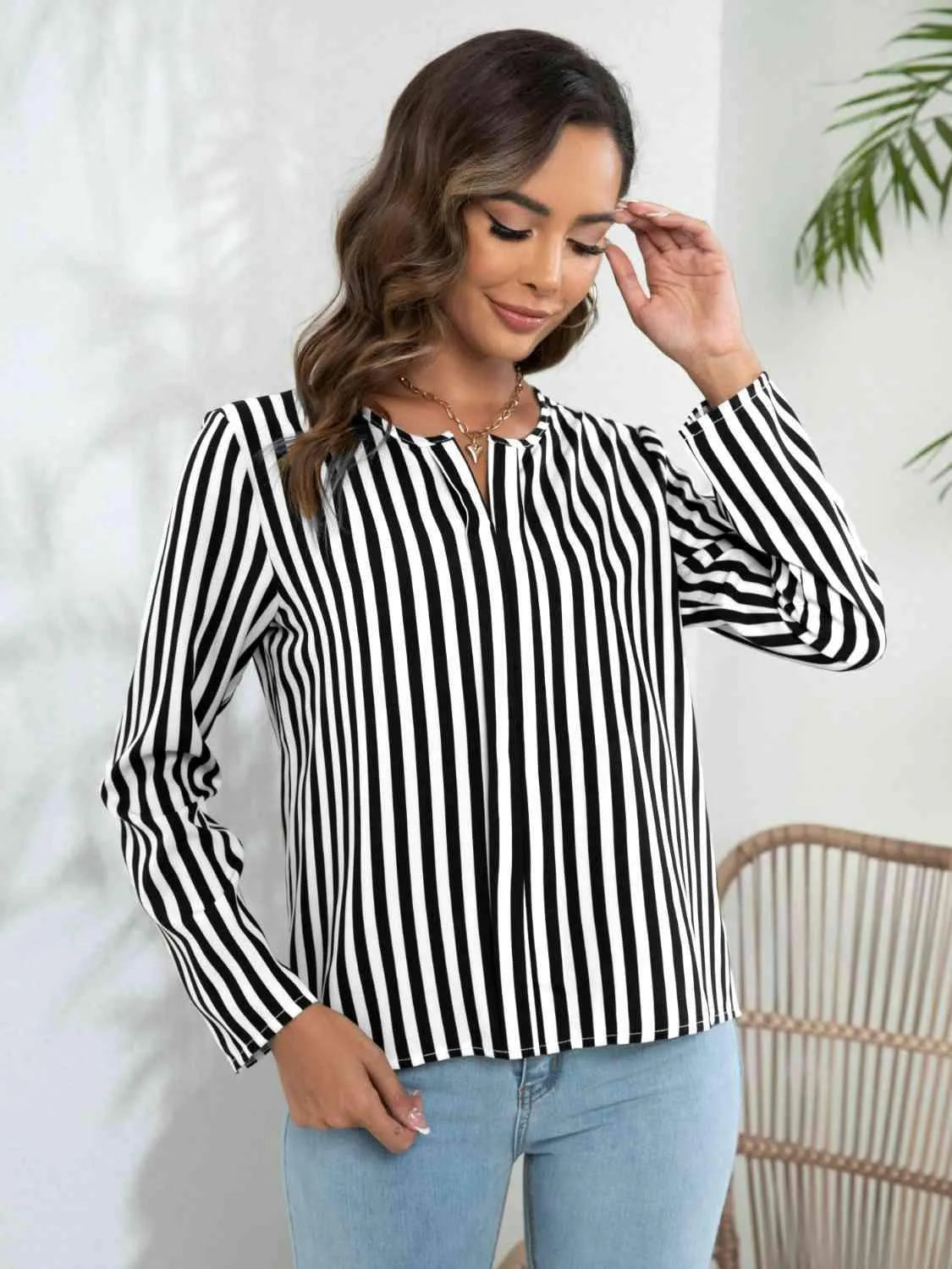 Striped Long Sleeve Notched Blouse White Blouses - Tophatter Daily Deals
