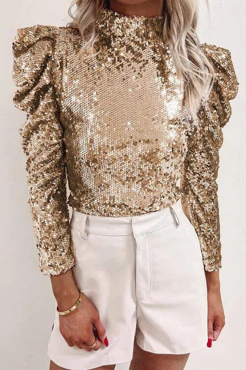 Sequin Mock Neck Leg-Of-Mutton Sleeve Top Blouses - Tophatter Daily Deals