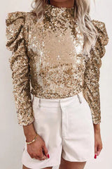 Sequin Mock Neck Leg-Of-Mutton Sleeve Top Blouses - Tophatter Daily Deals