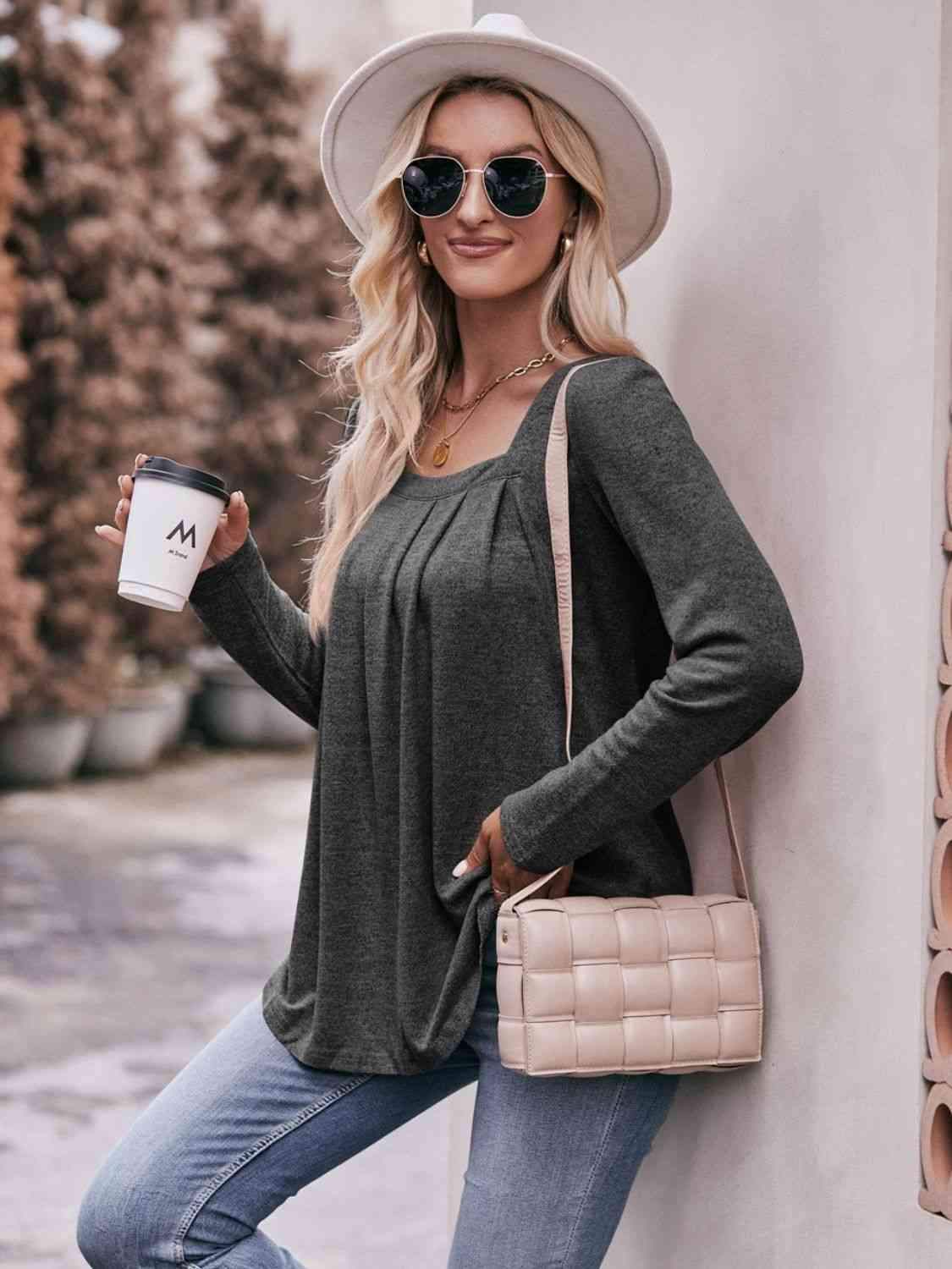 Double Take Pleated Detail Curved Hem Long Sleeve Top Blouses - Tophatter Daily Deals