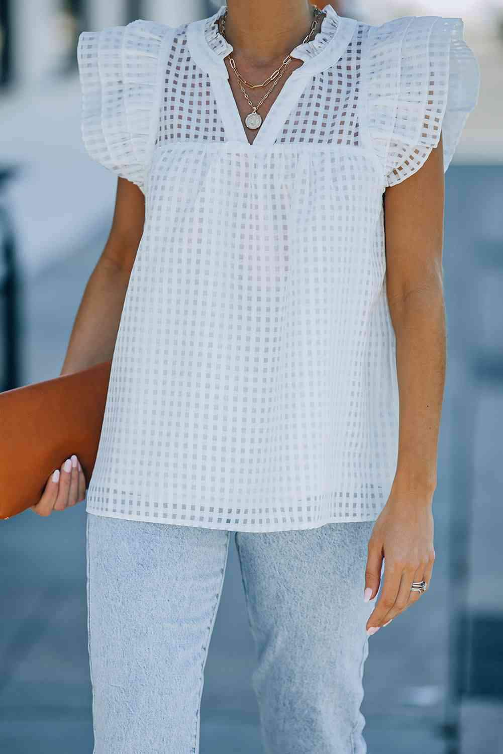 Grid V-Neck Ruffle Shoulder Frill Trim Top White 2XL Blouses - Tophatter Daily Deals