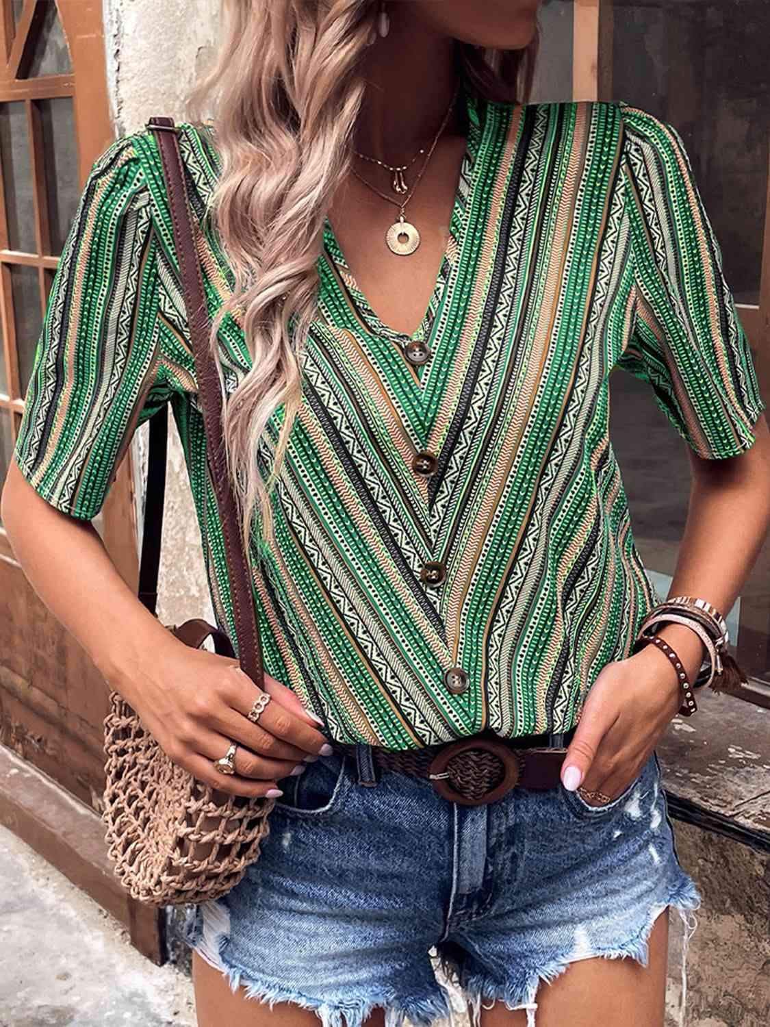 Printed V-Neck Button-Up Short Sleeve Top Mid Green Blouses - Tophatter Daily Deals