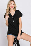 Heimish Full Size Front Button V-Neck Short Sleeve T-Shirt Black Blouses - Tophatter Daily Deals