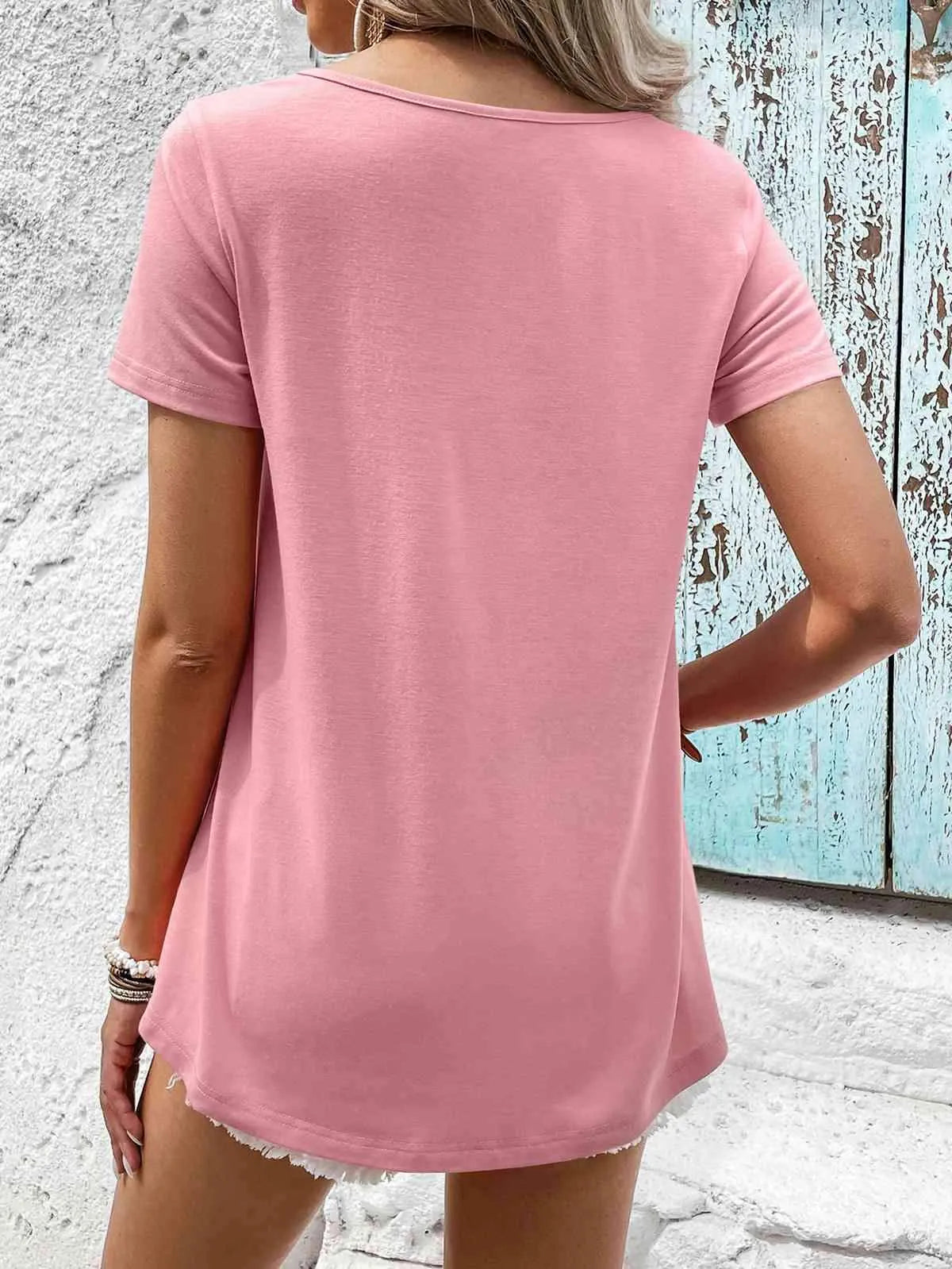 Spliced Lace Contrast Short Sleeve Top Blouses - Tophatter Daily Deals