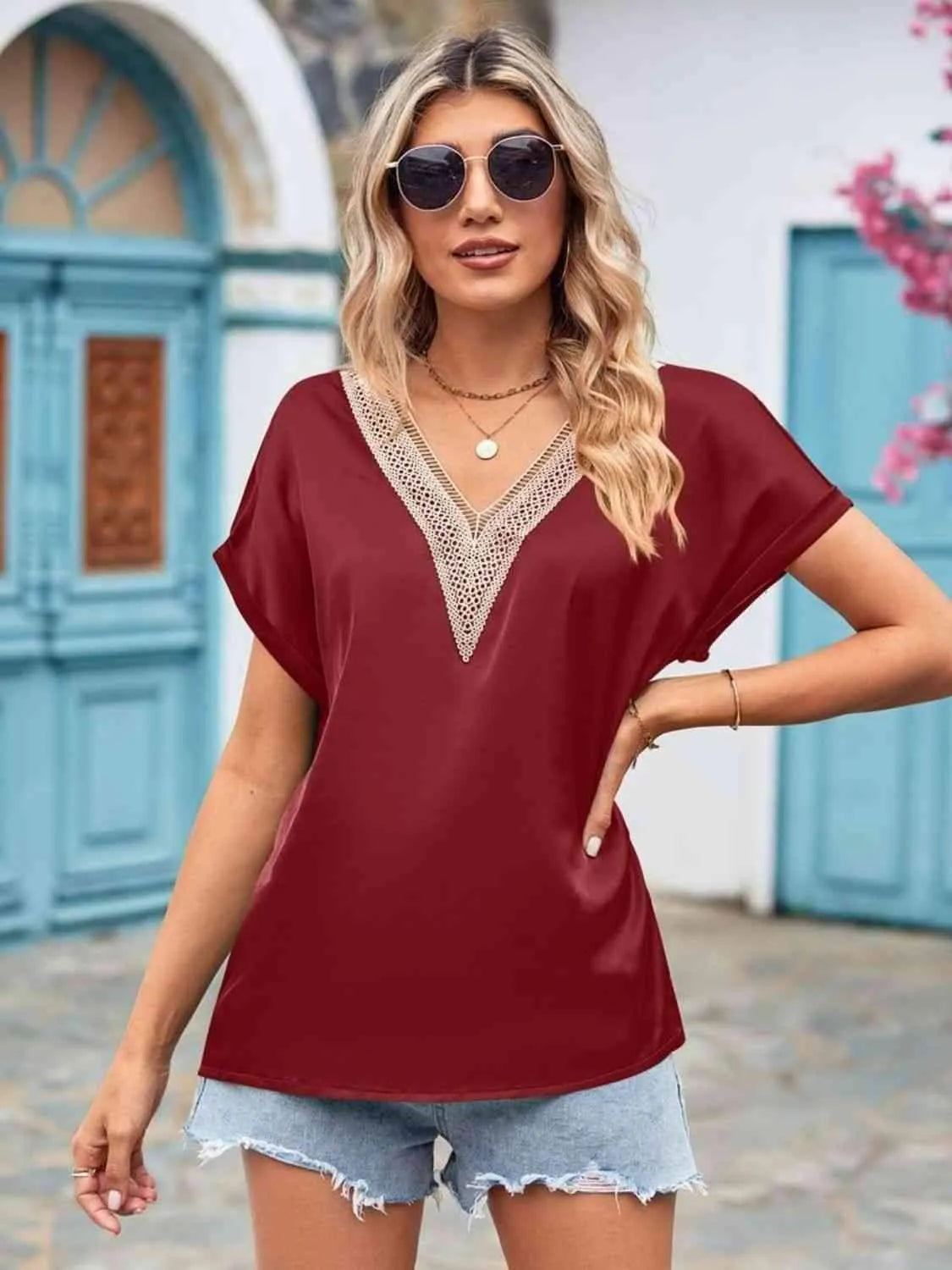 V-Neck Cuffed Blouse Blouses - Tophatter Daily Deals