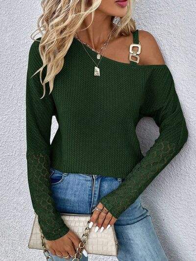 Lace Detail Asymmetrical Neck Long Sleeve T-Shirt Green Women's T-Shirts - Tophatter Daily Deals