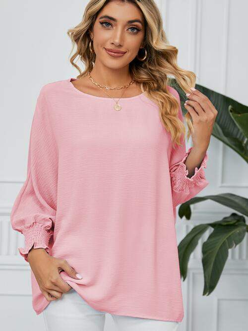 Smocked Lantern Sleeve Round Neck Blouse Blush Pink Blouses - Tophatter Daily Deals