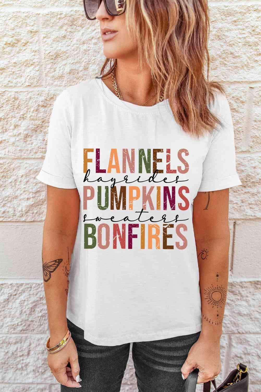 FLANNELS PUMPKINS BONFIRES Graphic Tee Women's T-Shirts - Tophatter Daily Deals