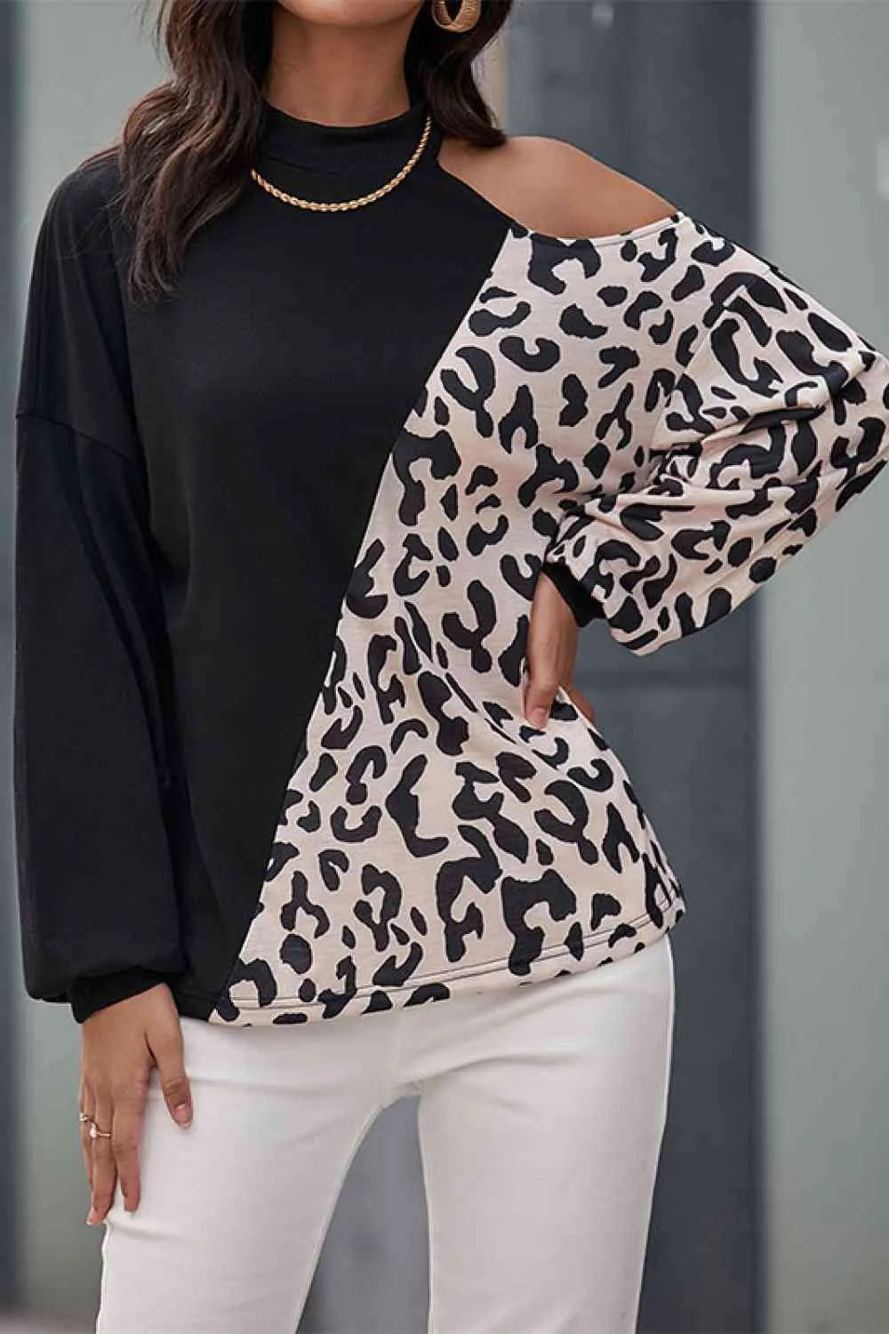 Two-Tone Leopard Cold Shoulder Top Black Leopard Blouses - Tophatter Daily Deals