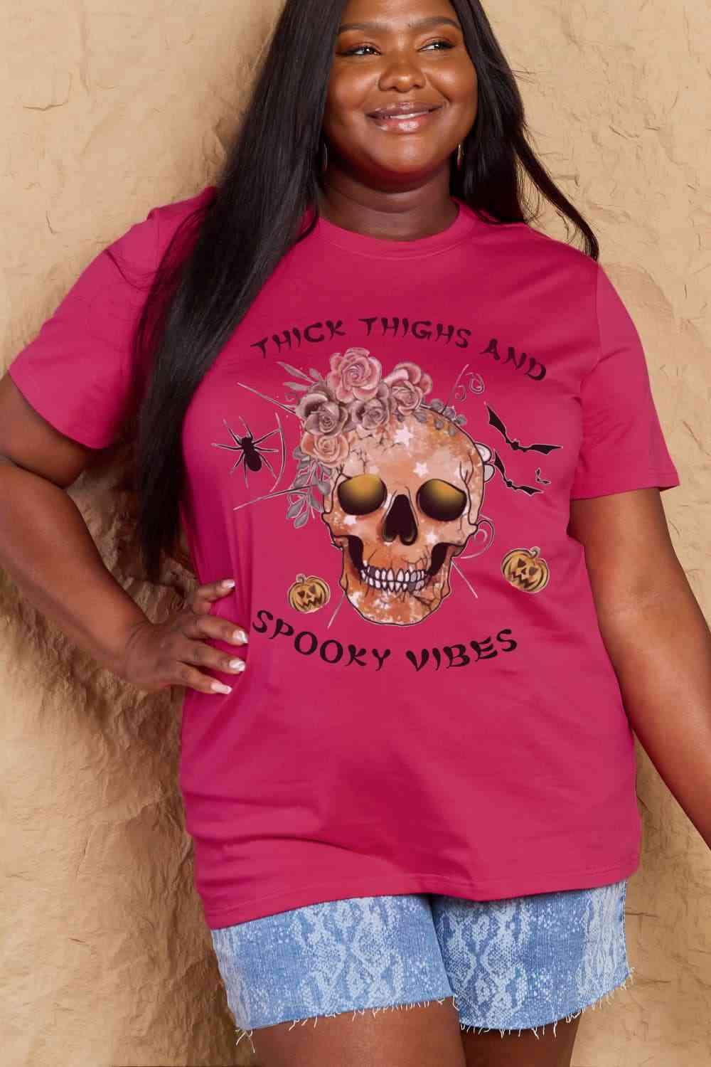 Simply Love Full Size THICK THIGHS AND SPOOKY VIBES Graphic Cotton T-Shirt Deep Rose Women's T-Shirts - Tophatter Daily Deals