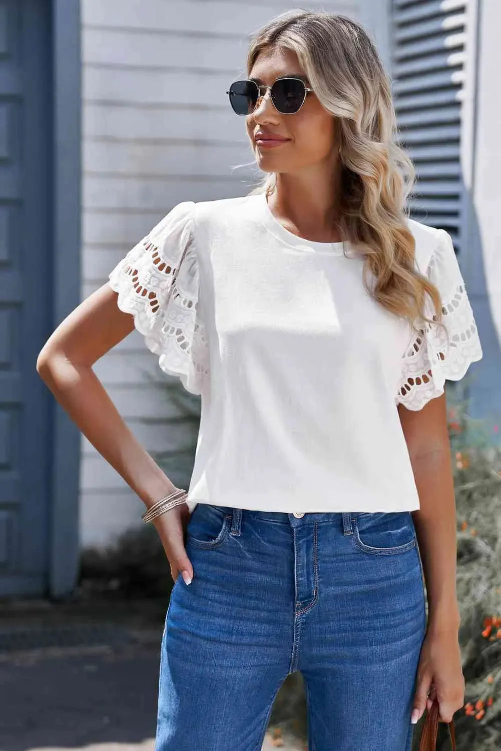 Round Neck Openwork Flutter Sleeve Top White Blouses - Tophatter Daily Deals