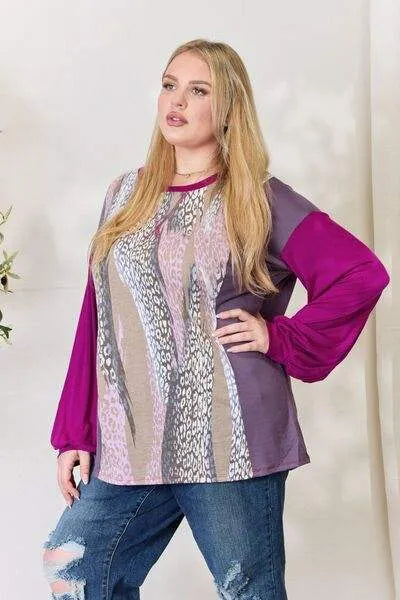 Celeste Full Size Color Block Printed Long Sleeve Top Blouses - Tophatter Daily Deals