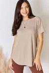 Zenana Baby Waffle Short Sleeve Slit High-Low T-Shirt Light Mocha Blouses - Tophatter Daily Deals