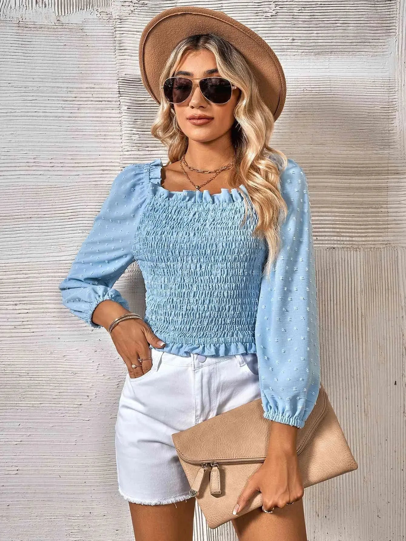 Swiss Dot Smocked Frill Trim Blouse Pastel Blue Blouses - Tophatter Daily Deals