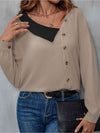 Asymmetrical Neck Buttoned Long Sleeve Top Women's T-Shirts - Tophatter Daily Deals