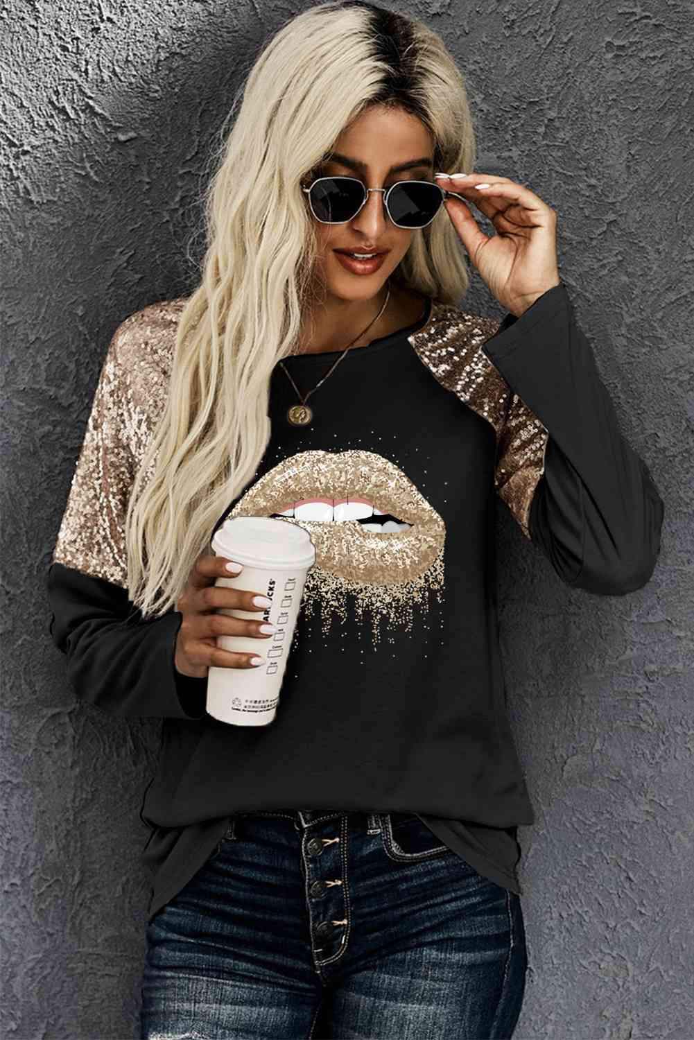 Lip Graphic Sequin Long Sleeve T-Shirt Women's T-Shirts - Tophatter Daily Deals