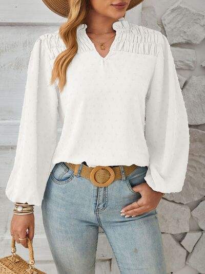 Ruched Swiss Dot Notched Balloon Sleeve T-Shirt White Women's T-Shirts - Tophatter Daily Deals