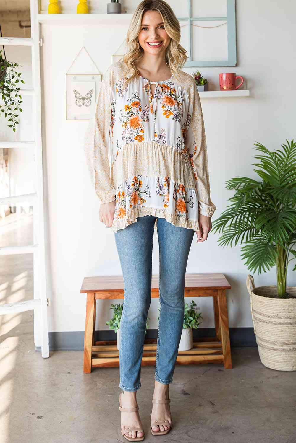 Floral Tie Neck Tiered Blouse Blouses - Tophatter Daily Deals