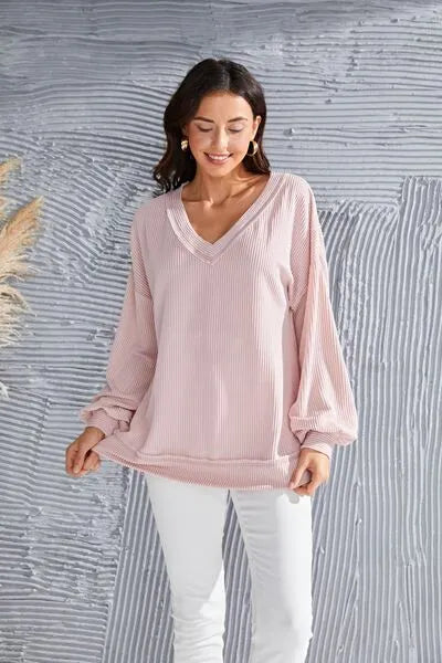 V-Neck Drop Shoulder Lantern Sleeve Blouse Dusty Pink Blouses - Tophatter Daily Deals