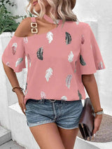 Asymmetrical One Shoulder Short Sleeve Printed Blouse Blouses - Tophatter Daily Deals