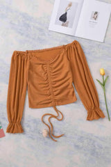 Drawstring Detail Flounce Sleeve Off-Shoulder Crop Top Orange Blouses - Tophatter Daily Deals