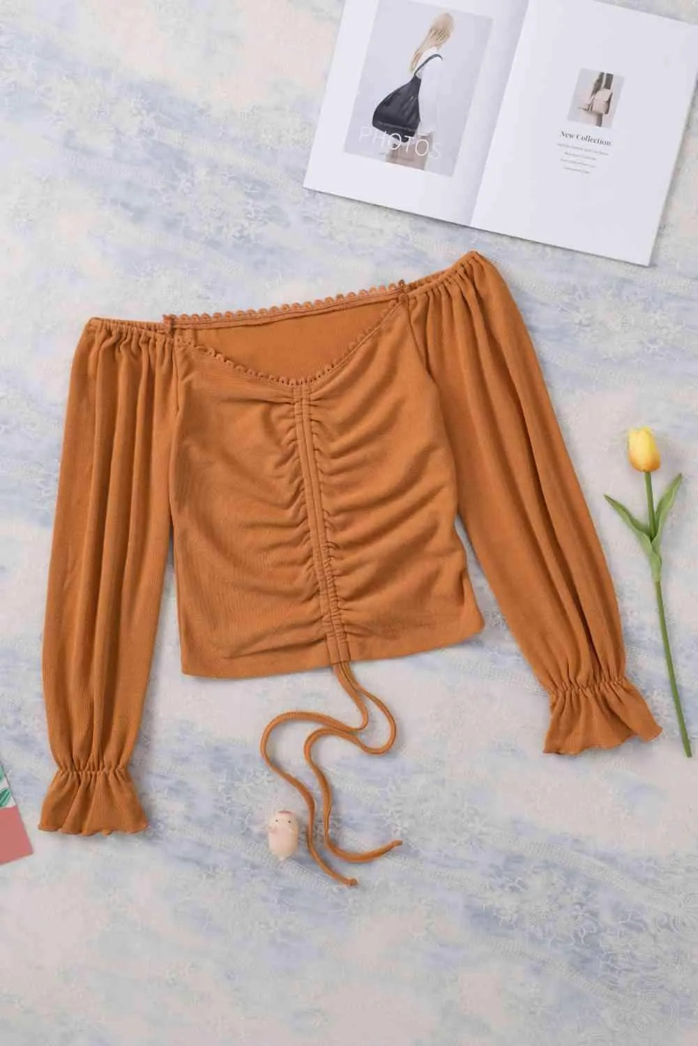 Drawstring Detail Flounce Sleeve Off-Shoulder Crop Top Orange Blouses - Tophatter Daily Deals