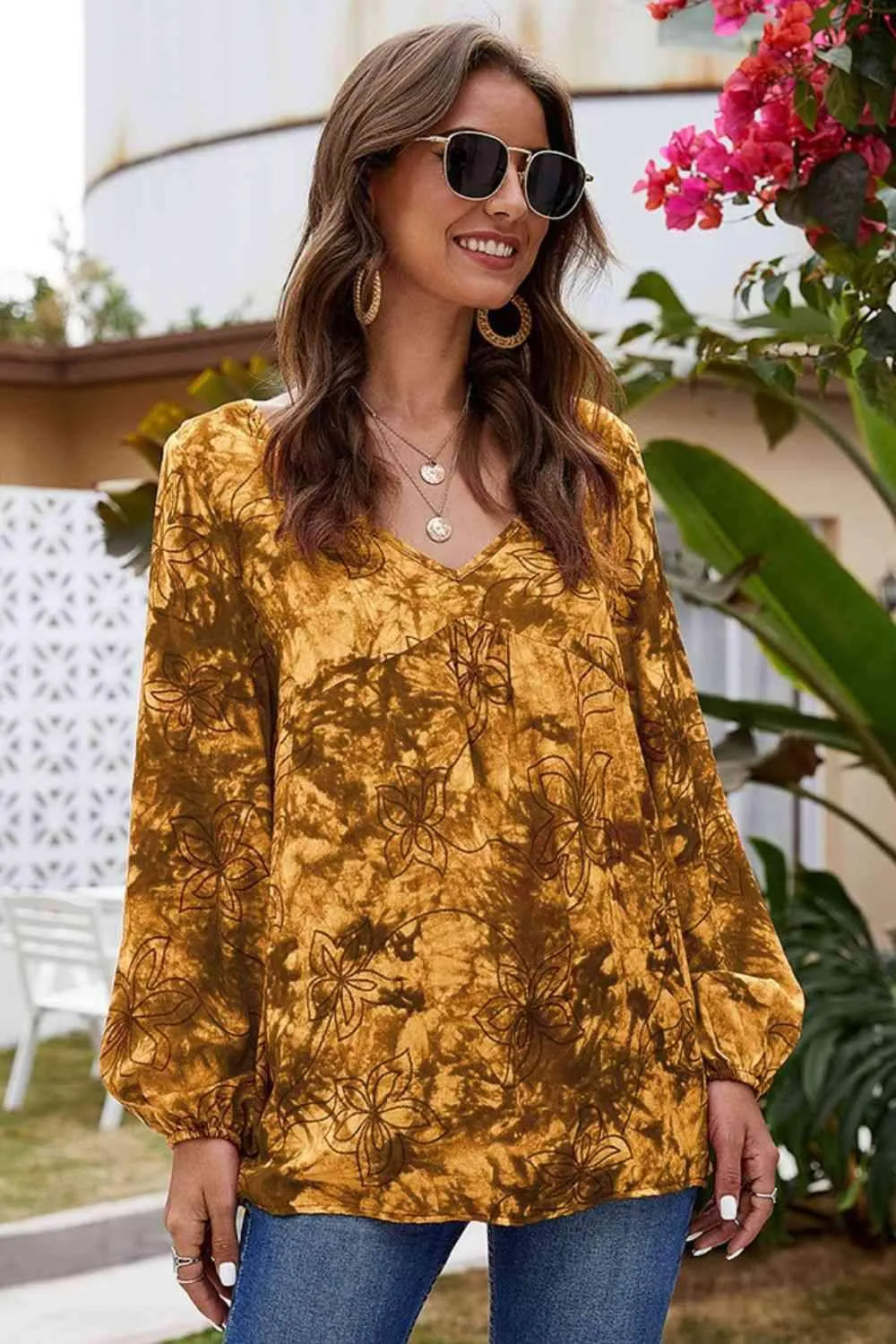 V-Neck balloon Sleeve Floral Blouse Honey Blouses - Tophatter Daily Deals