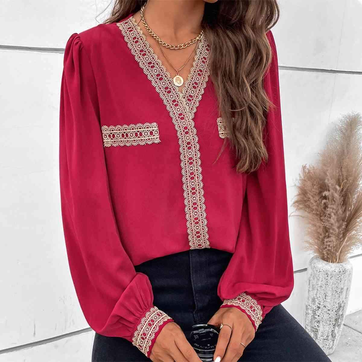 Contrast V-Neck Puff Sleeve Blouse Red Blouses - Tophatter Daily Deals