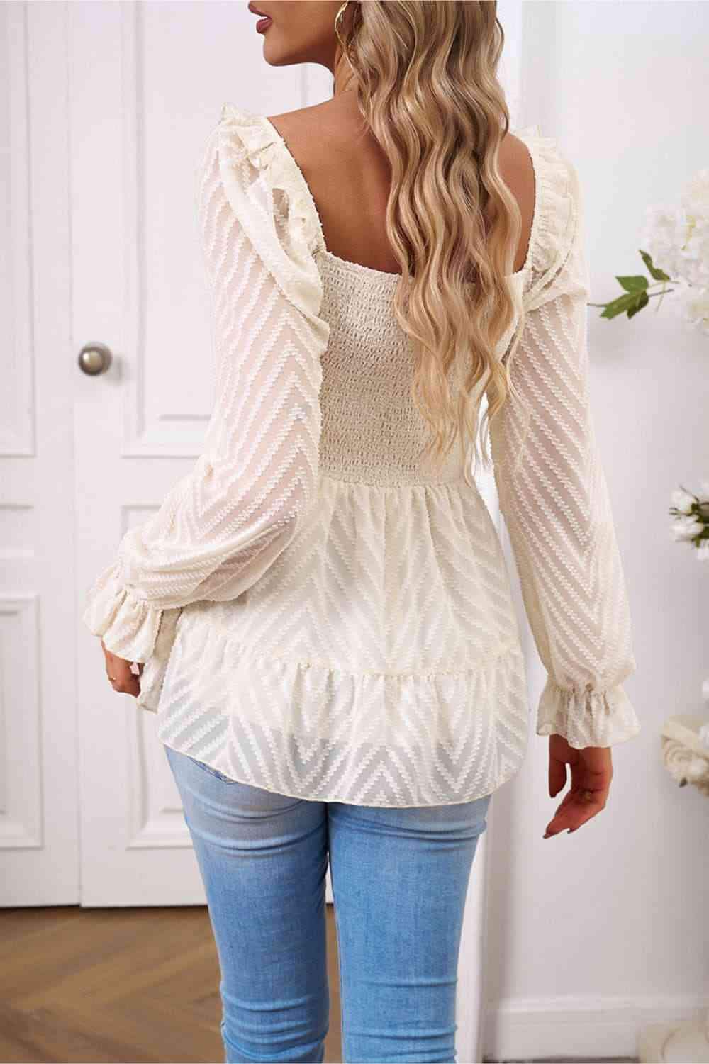 Square Neck Flounce Sleeve Peplum Top Blouses - Tophatter Daily Deals