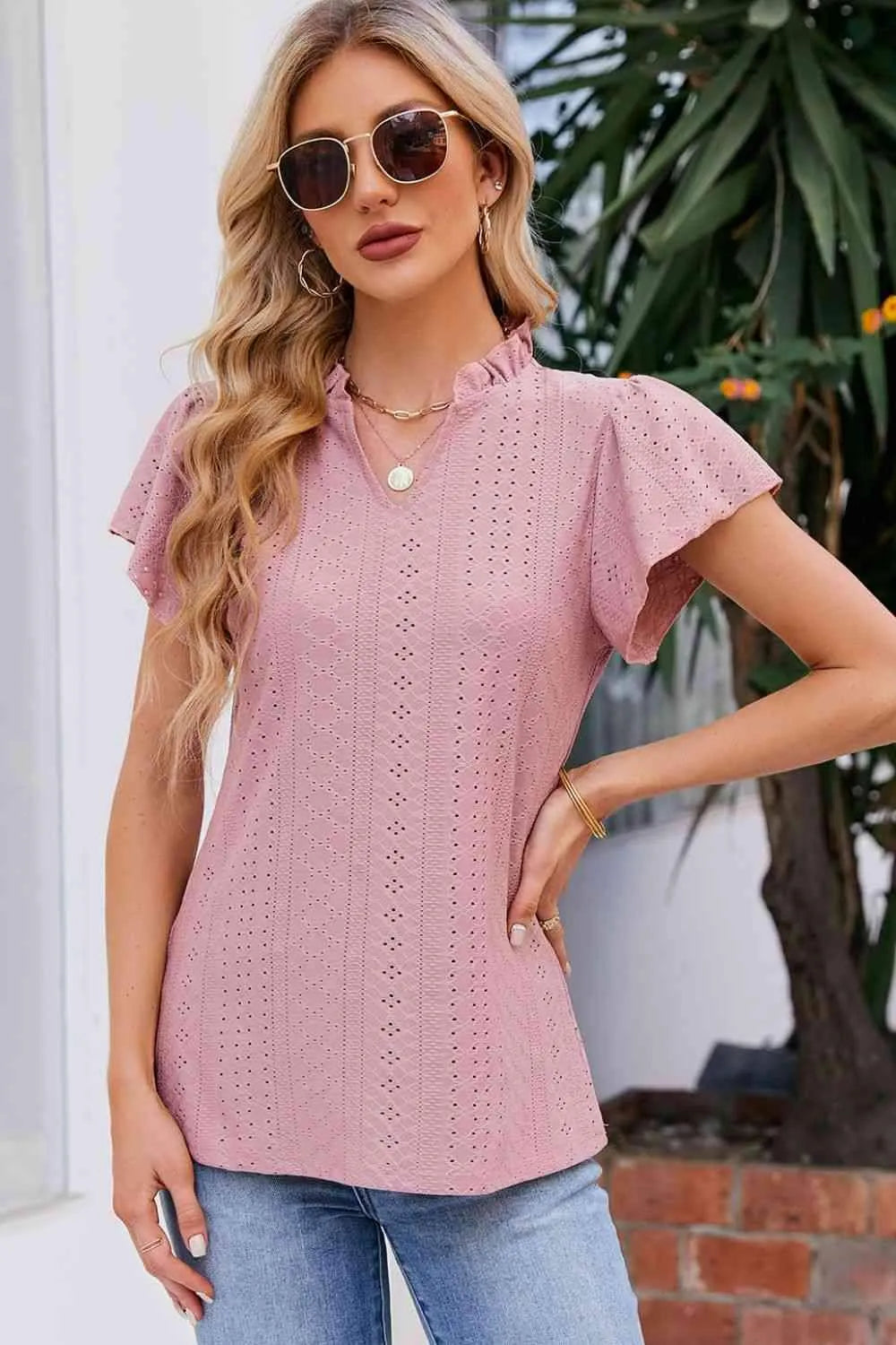 Notched Neck Puff Sleeve Blouse Blouses - Tophatter Daily Deals