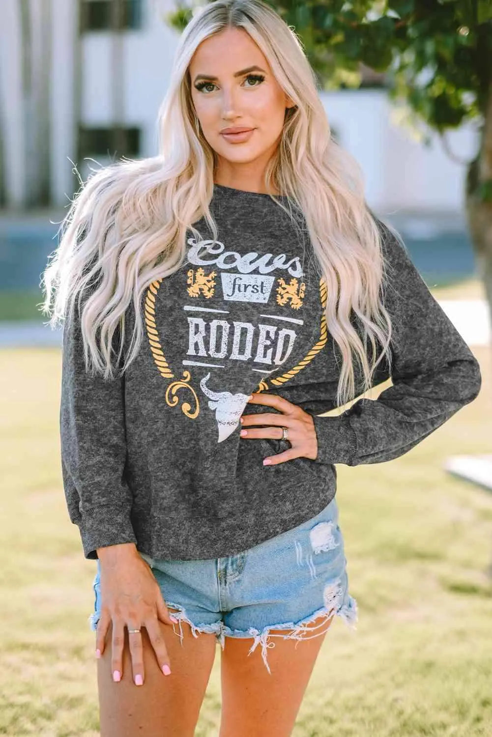 Mineral Washed COW'S FIRST RODEO Round Neck Raglan Sleeve Sweatshirt Charcoal Graphic Sweatshirt - Tophatter Daily Deals