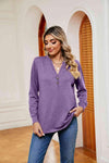 Buttoned Notched Neck Long Sleeve Top Blouses - Tophatter Daily Deals