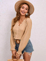 Lace Trim V-Neck Flounce Sleeve Blouse Blouses - Tophatter Daily Deals