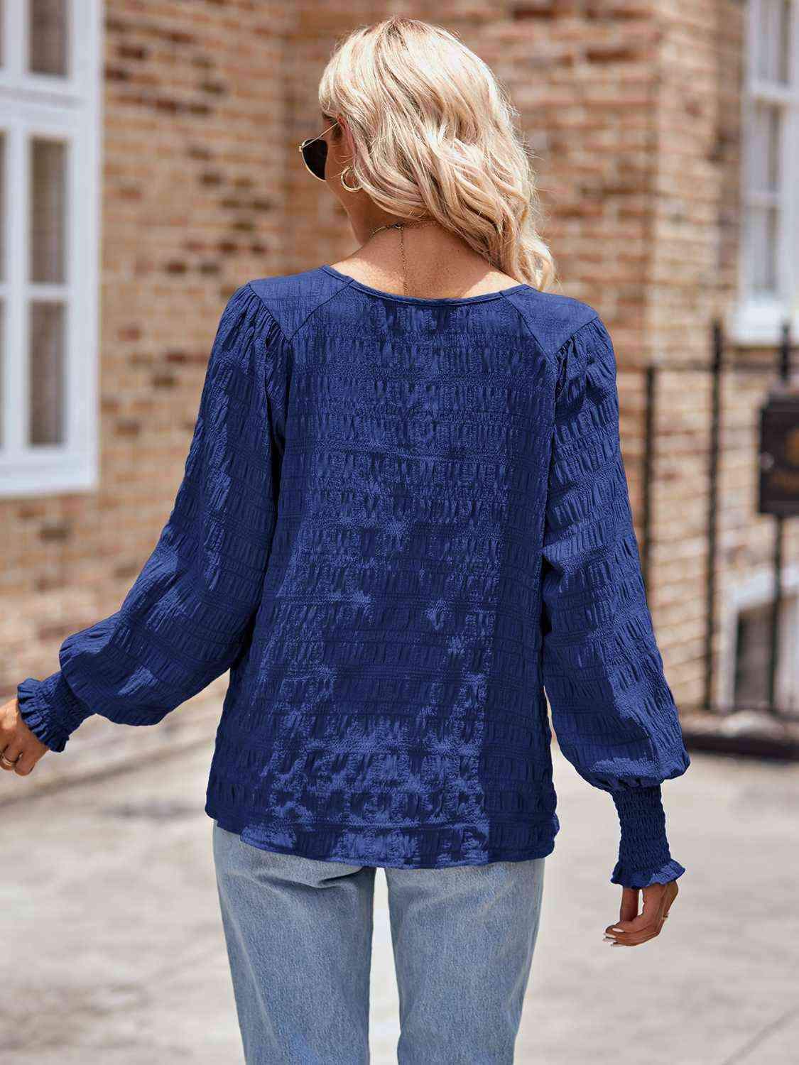 Round Neck Lantern Sleeve Blouse Blouses - Tophatter Daily Deals