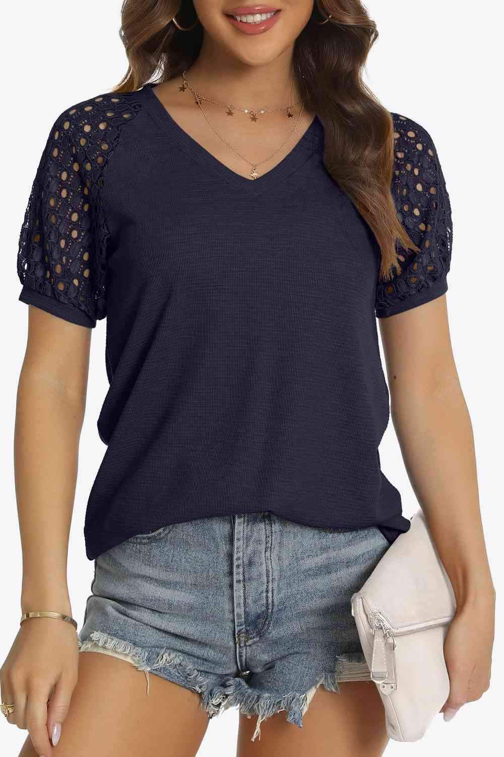 Short Sleeve V-Neck Tee Dark Navy Women's T-Shirts - Tophatter Daily Deals