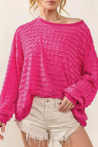 Texture Round Neck Dropped Shoulder Top Cerise Blouses - Tophatter Daily Deals