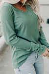 Ribbed V-Neck Long Sleeve T-Shirt Gum Leaf Women's T-Shirts - Tophatter Daily Deals