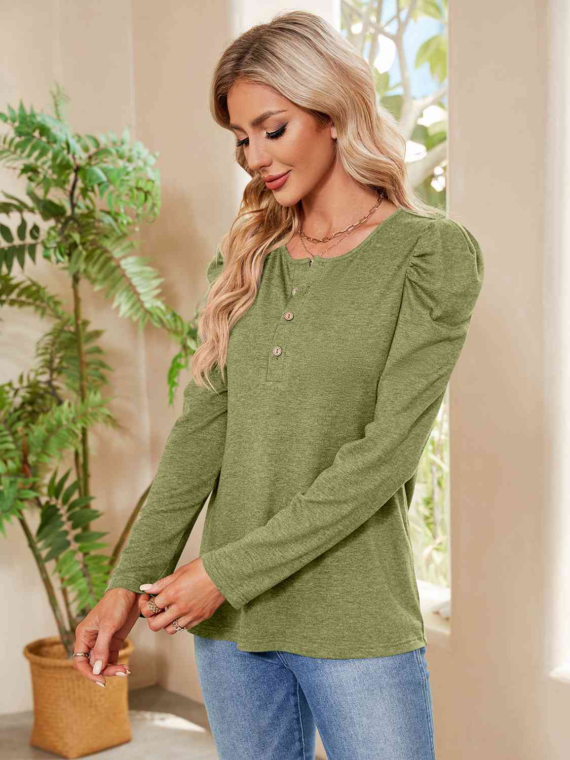 Buttoned Round Neck Puff Sleeve T-Shirt Women's T-Shirts - Tophatter Daily Deals