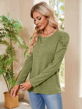 Buttoned Round Neck Puff Sleeve T-Shirt Women's T-Shirts - Tophatter Daily Deals