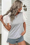 Two-Tone Eyelet Flutter Sleeve Spliced Top Blouses - Tophatter Daily Deals