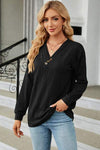 Decorative Button V-Neck Long Sleeve T-Shirt Black Women's T-Shirts - Tophatter Daily Deals