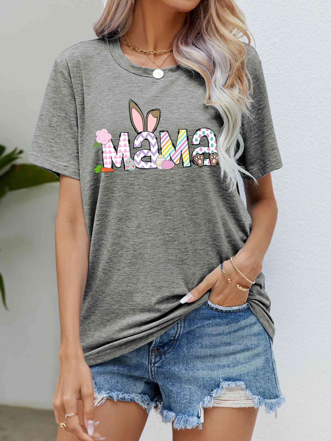 Easter MAMA Graphic Round Neck T-Shirt Heather Gray Women's T-Shirts - Tophatter Daily Deals