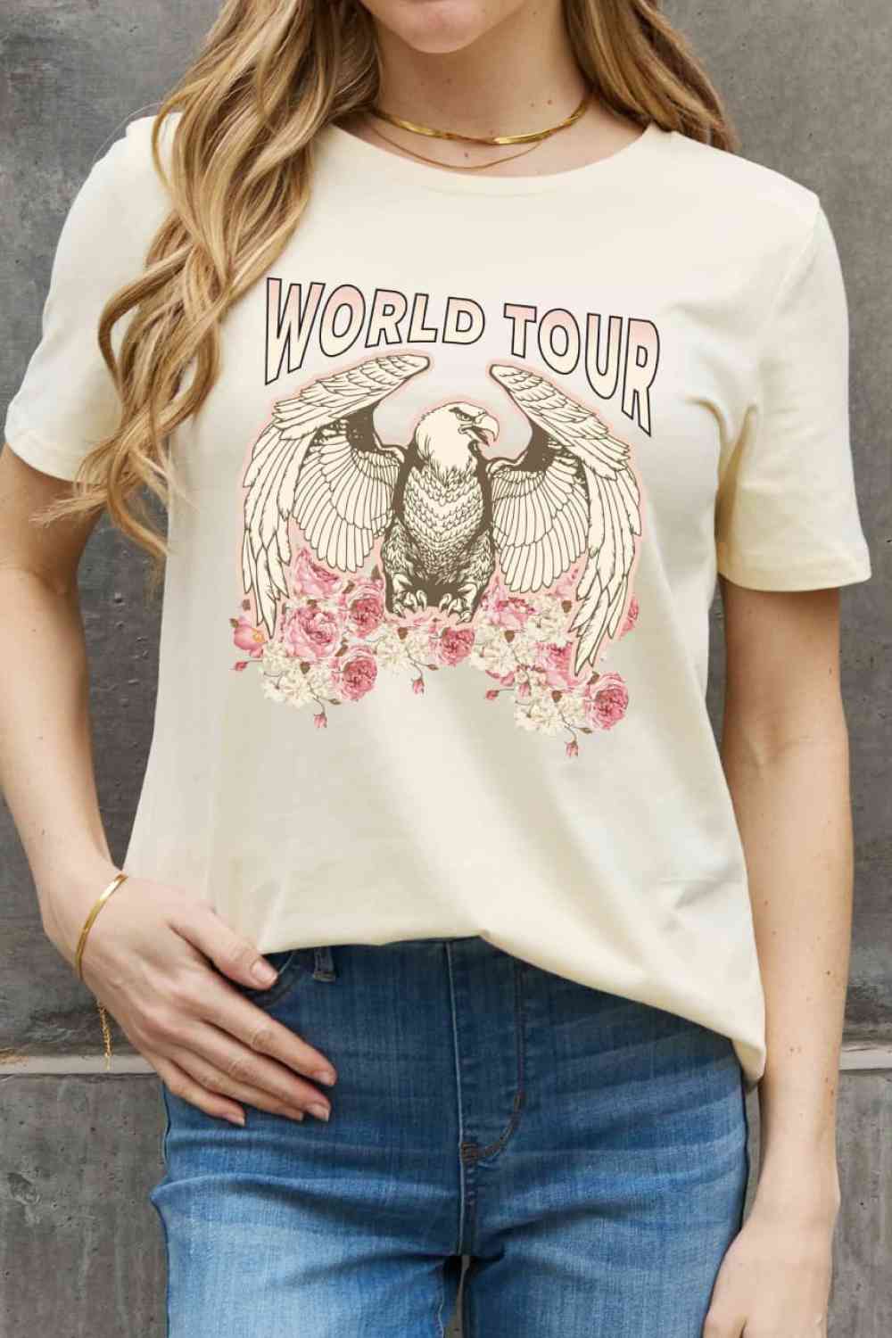 Simply Love Full Size WORLD TOUR Eagle Graphic Cotton Tee Ivory Women's T-Shirts - Tophatter Daily Deals