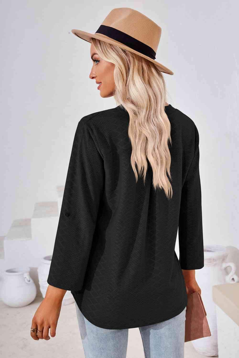 V-Neck Roll-Tap Sleeve Blouse Blouses - Tophatter Daily Deals